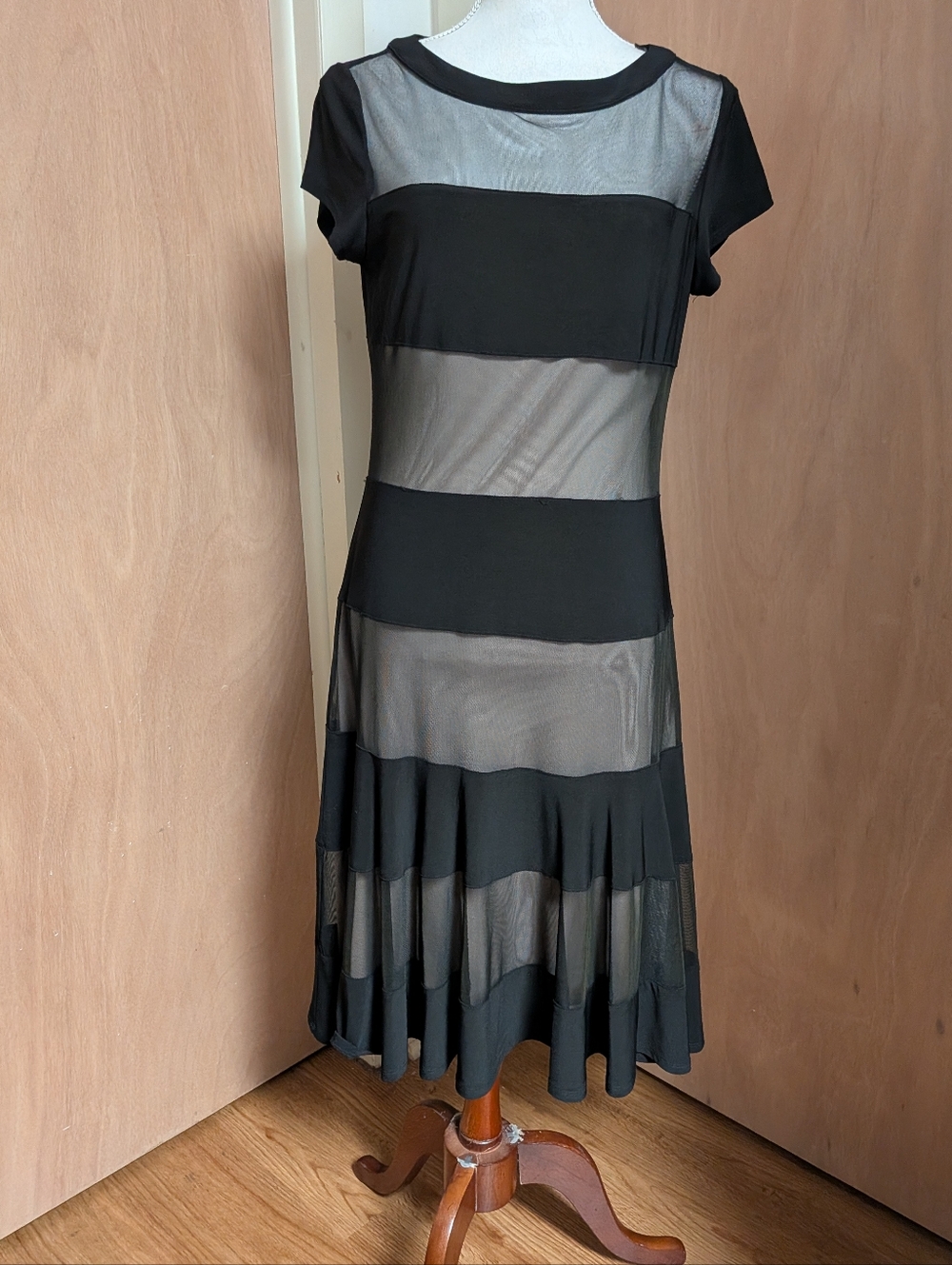 R&M Richards Black Sheer Panel Dress Size 12 Mesh Stripe Midi Cocktail Party
